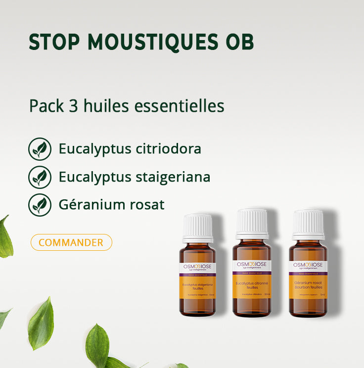 STOP Moustiques OB : Eucalyptus citriodora 5 ml- Eucalyptus staigeriana 5 ml - Géranium rosat 5ml