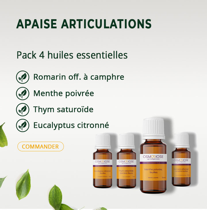 Apaise Articulations : Romarin à camphre 5 ml -  Menthe poivrée  5 ml - Thym saturoïde  5 ml  Eucalyptus citronné  5 ml