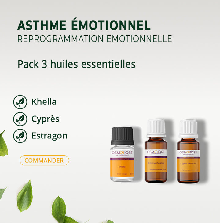 Asthme émotionnel : reprogrammation emotionnelle : Khella : 2 ml  -Cyprès : 5 ml  - Estragon : 5 ml