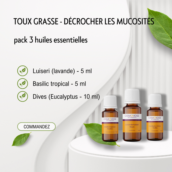 Toux grasse - Décrocher les  mucosités - Luiseri (lavande) 5ml-   Basilic tropical 5 ml - Dives (Eucalyptus) 10 ml