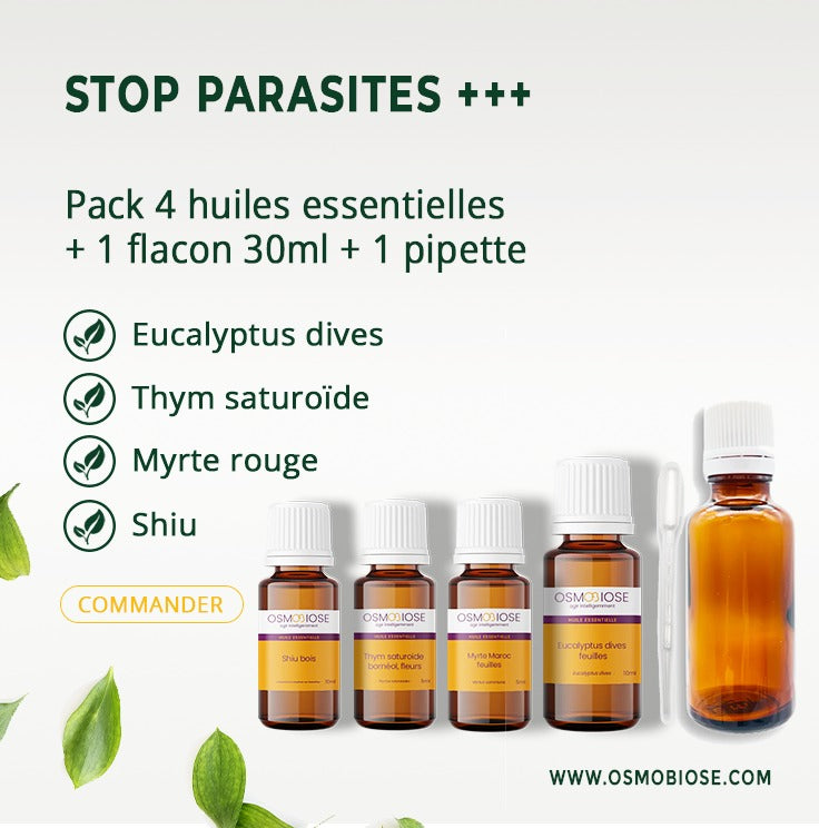 Stop parasites +++ : Action renforcée  : Shiu (5ml) Thym saturoïde (5ml) Myrte rouge (5ml) Eucalyptus dives (10ml) + 1 flacon 30ml + 1 pipette