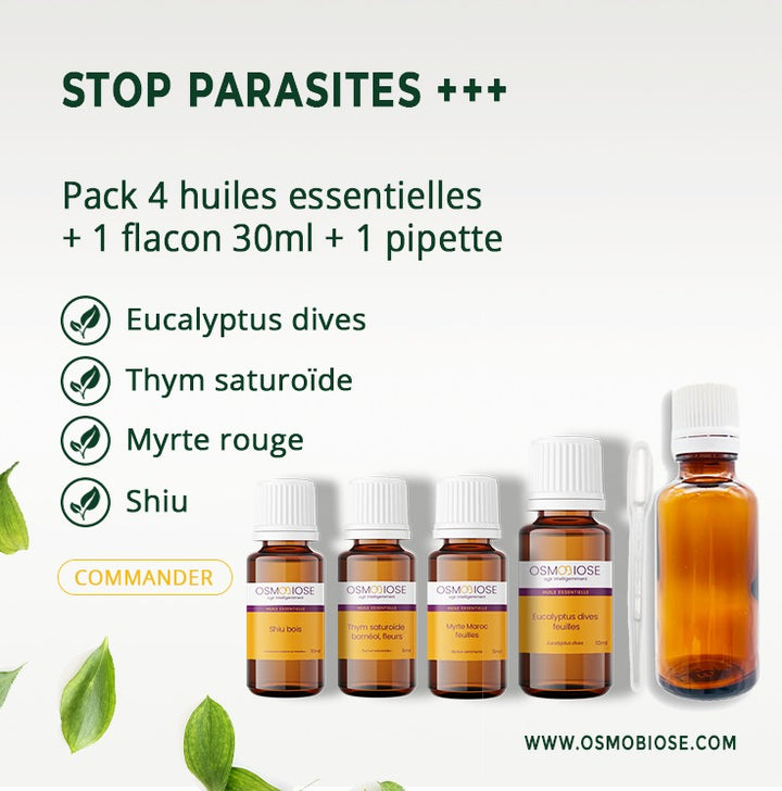 Stop parasites +++ : Action renforcée  : Shiu (5ml) Thym saturoïde (5ml) Myrte rouge (5ml) Eucalyptus dives (10ml) + 1 flacon 30ml + 1 pipette